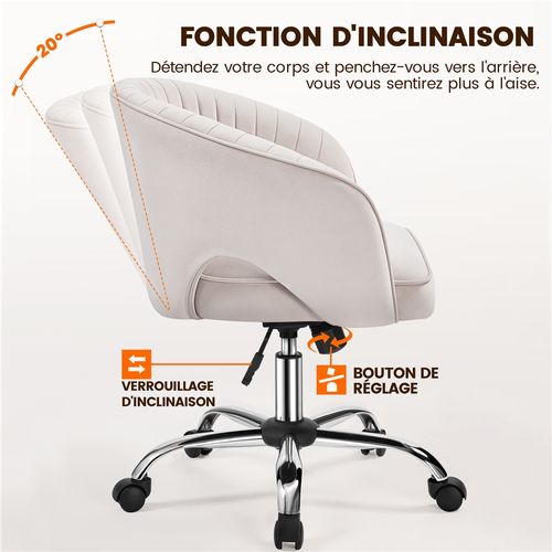 Chaise De Bureau En Velours Avec Roulettes Et Assise Réglable En Hauteur, Crème