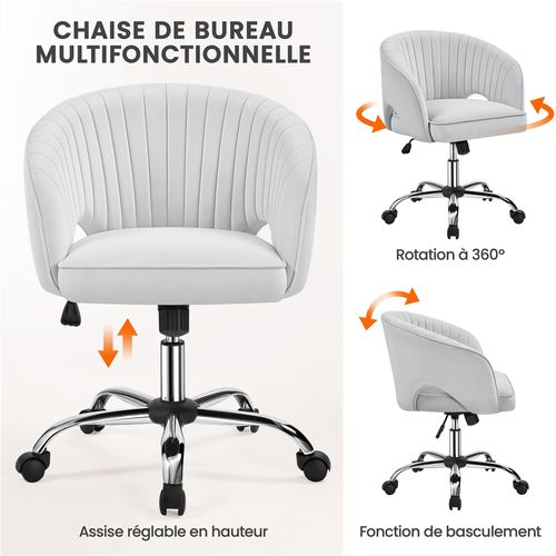 Chaise De Bureau En Velours Avec Roulettes Et Assise Réglable En Hauteur, Gris Clair
