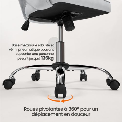 Chaise De Bureau En Velours Avec Roulettes Et Assise Réglable En Hauteur, Gris Clair