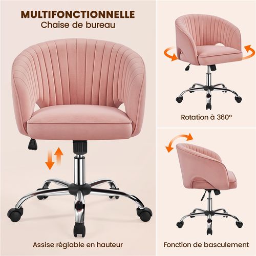Chaise Dactylo En Velours Avec Roulettes Et Assise Réglable En Hauteur, Rose