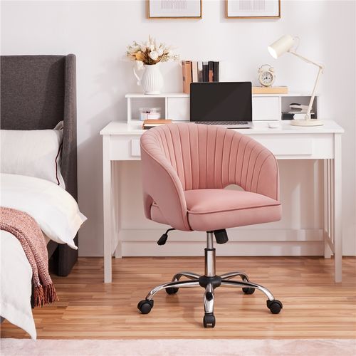 Chaise Dactylo En Velours Avec Roulettes Et Assise Réglable En Hauteur, Rose