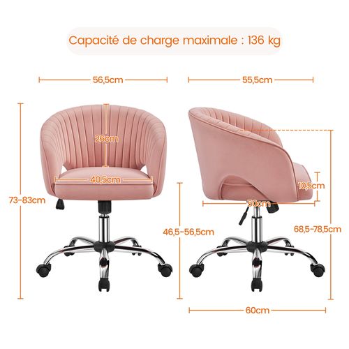 Chaise Dactylo En Velours Avec Roulettes Et Assise Réglable En Hauteur, Rose