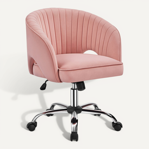 Chaise Dactylo En Velours Avec Roulettes Et Assise Réglable En Hauteur, Rose