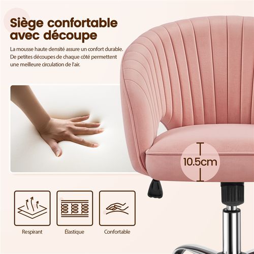 Chaise Dactylo En Velours Avec Roulettes Et Assise Réglable En Hauteur, Rose