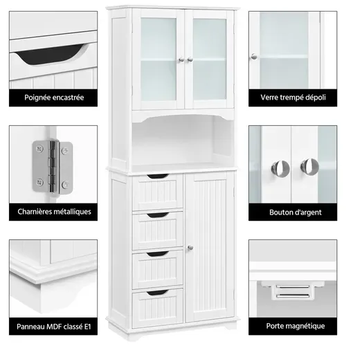 Armoire Colonne Salle De Bain Rangement Haute Blanc 4 Tiroirs Porte En Verre