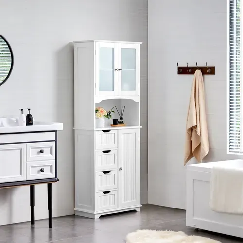 Armoire Colonne Salle De Bain Rangement Haute Blanc 4 Tiroirs Porte En Verre