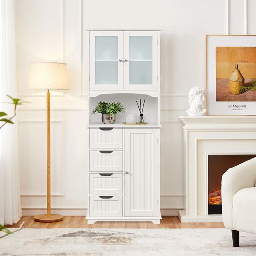 Armoire Colonne Salle De Bain Rangement Haute Blanc 4 Tiroirs Porte En Verre