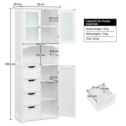 Armoire Colonne Salle De Bain Rangement Haute Blanc 4 Tiroirs Porte En Verre