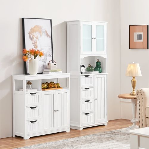 Armoire Colonne Salle De Bain Rangement Haute Blanc 4 Tiroirs Porte En Verre