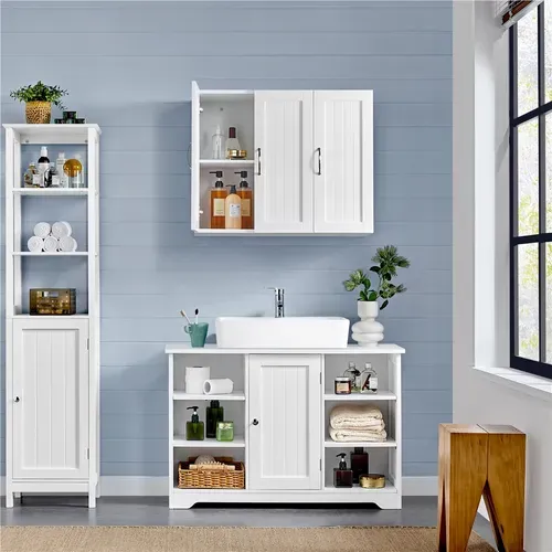 Armoire Murale Salle De Bain Scandinave à 3 Portes Avec Étagères Réglables En Hauteur, Blanc