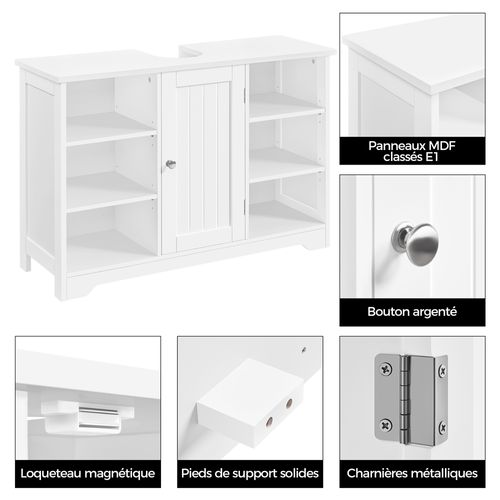 Meuble Sous Lavabo Avec Placard Casiers Et Étagères Réglables En Hauteur, Blanc