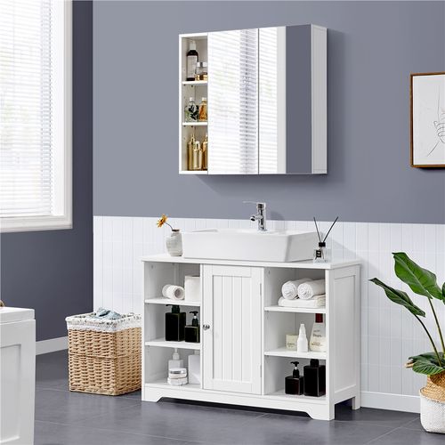 Meuble Sous Lavabo Avec Placard Casiers Et Étagères Réglables En Hauteur, Blanc