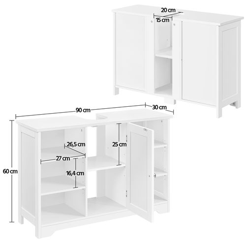 Meuble Sous Lavabo Avec Placard Casiers Et Étagères Réglables En Hauteur, Blanc