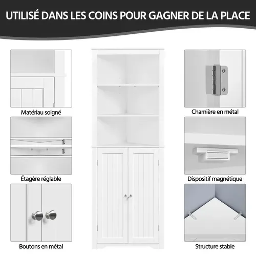 Meuble Colonne De Rangement D'angle Salle De Bain Placard Tablettes Réglables 60 X 31,5 X 163 Cm