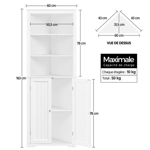 Meuble Colonne De Rangement D'angle Salle De Bain Placard Tablettes Réglables 60 X 31,5 X 163 Cm