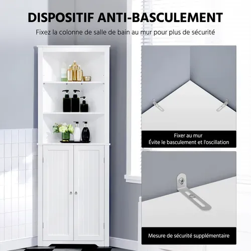Meuble Colonne De Rangement D'angle Salle De Bain Placard Tablettes Réglables 60 X 31,5 X 163 Cm