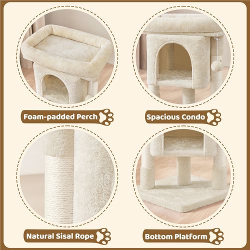 Petit Arbre à Chat 2 Niveaux Avec Cachette Perchoir Niche Poteaux Griffoir Pompon, Beige