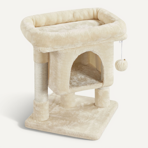 Petit Arbre à Chat 2 Niveaux Avec Cachette Perchoir Niche Poteaux Griffoir Pompon, Beige