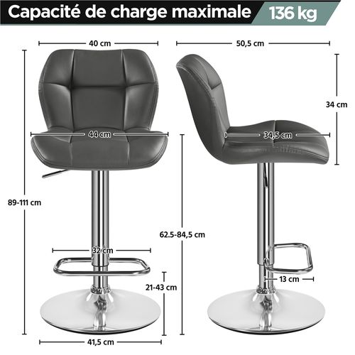 Lot De 2 Chaises De Bar Design Capitonné En Similicuir Avec Assise Réglable En Hauteur, Gris