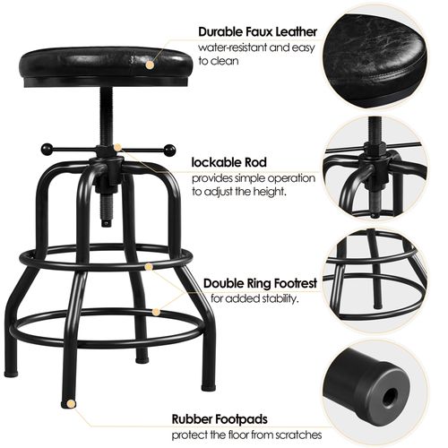 Tabouret De Bar Industriel En Similicuir Réglable En Hauteur Avec Deux Repose-pieds, Noir