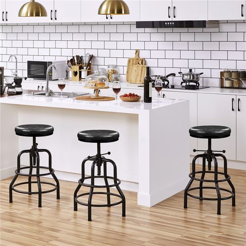 Tabouret De Bar Industriel En Similicuir Réglable En Hauteur Avec Deux Repose-pieds, Noir