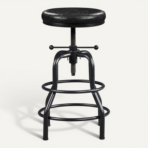 Tabouret De Bar Industriel En Similicuir Réglable En Hauteur Avec Deux Repose-pieds, Noir