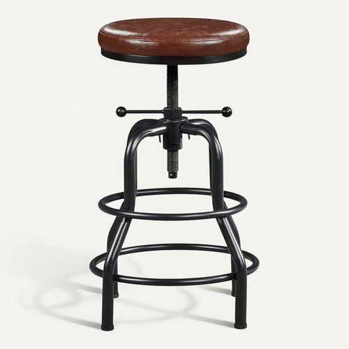 Tabouret De Bar Industriel En Similicuir Réglable En Hauteur Avec Deux Repose-pieds, Marron