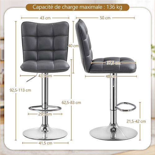 Lot De 2 Chaises De Bar Modernes Tabourets De Bar En Similicuir Réglables En Hauteur, Gris