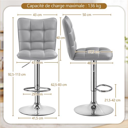 Lot De 2 Chaises De Bar Modernes Tabourets De Bar En Similicuir Réglables En Hauteur, Gris Clair