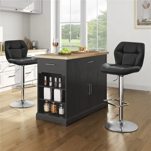 Lot De 2 Tabourets Chaises De Bar Design Capitonné En Similicuir Assise Réglable En Hauteur, Noir