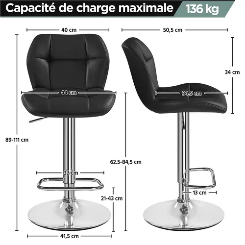 Lot De 2 Tabourets Chaises De Bar Design Capitonné En Similicuir Assise Réglable En Hauteur, Noir