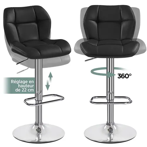 Lot De 2 Tabourets Chaises De Bar Design Capitonné En Similicuir Assise Réglable En Hauteur, Noir