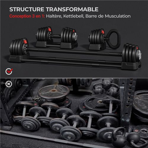 Haltère Réglable 3 En 1, Barre D'haltère Modulable Avec 12 Poids De 1,5 Kg à 18 Kg, Noir