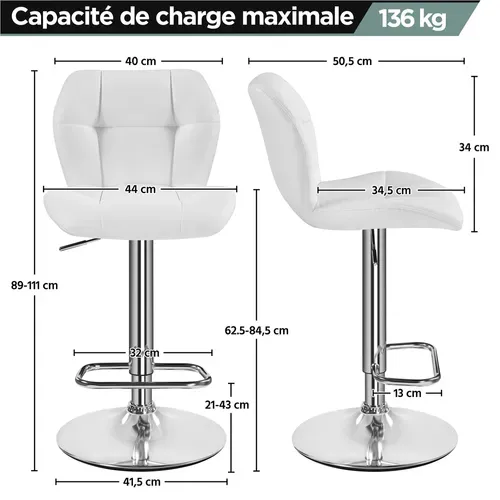 Lot De 2 Tabourets Chaises De Bar Design Capitonné En Similicuir Assise Réglable En Hauteur, Blanc