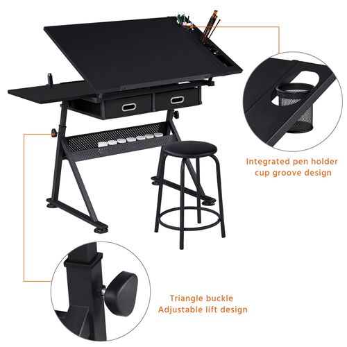 Table à Dessin Inclinable Avec Tabouret, Rallonge Rétractable Et Étagère De Rangement, Noir