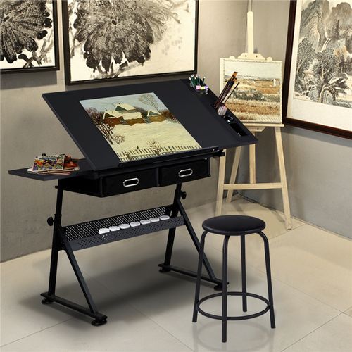 Table à Dessin Inclinable Avec Tabouret, Rallonge Rétractable Et Étagère De Rangement, Noir