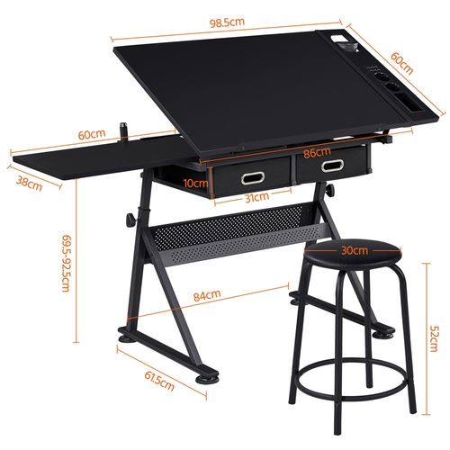 Table à Dessin Inclinable Avec Tabouret, Rallonge Rétractable Et Étagère De Rangement, Noir