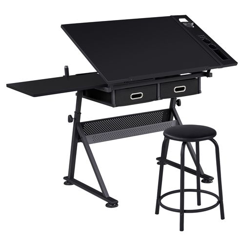 Table à Dessin Inclinable Avec Tabouret, Rallonge Rétractable Et Étagère De Rangement, Noir