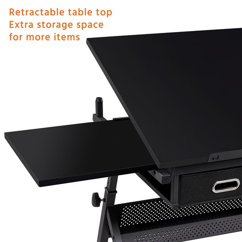 Table à Dessin Inclinable Avec Tabouret, Rallonge Rétractable Et Étagère De Rangement, Noir