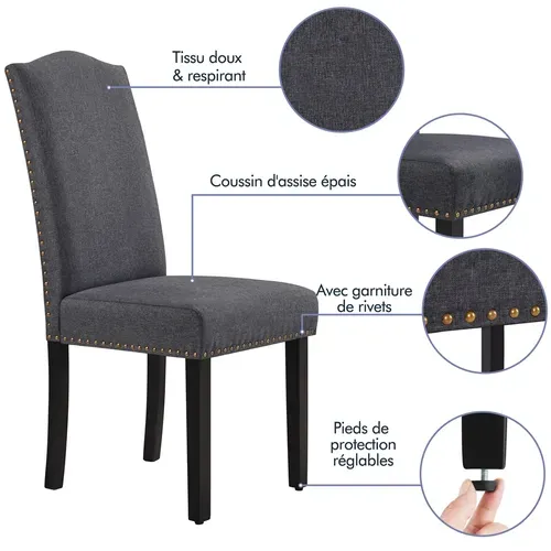 Lot De 2 Chaises De Salle à Manger En Tissu Avec Haut Dossier Et Pieds En Bois Massif, Gris Foncé