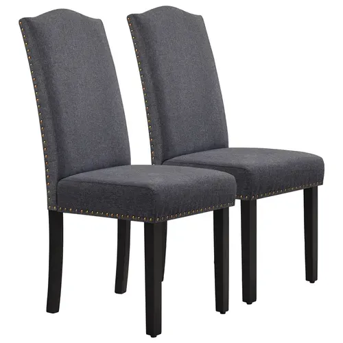 Lot De 2 Chaises De Salle à Manger En Tissu Avec Haut Dossier Et Pieds En Bois Massif, Gris Foncé