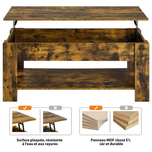 Table Basse à Plateau Relevable Avec Compartiment Caché Et Étagère De Rangement Brun Rustique