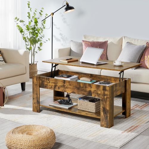 Table Basse à Plateau Relevable Avec Compartiment Caché Et Étagère De Rangement Brun Rustique
