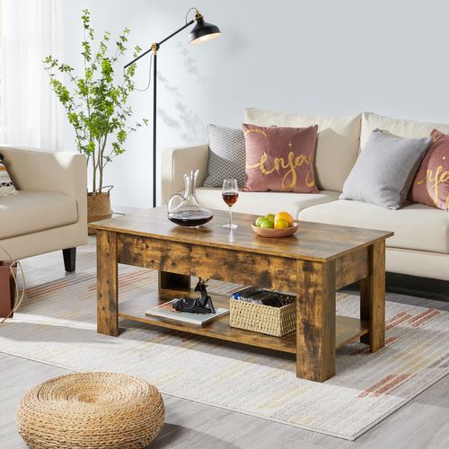 Table Basse à Plateau Relevable Avec Compartiment Caché Et Étagère De Rangement Brun Rustique