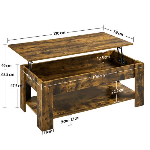 Table Basse à Plateau Relevable Avec Compartiment Caché Et Étagère De Rangement Brun Rustique