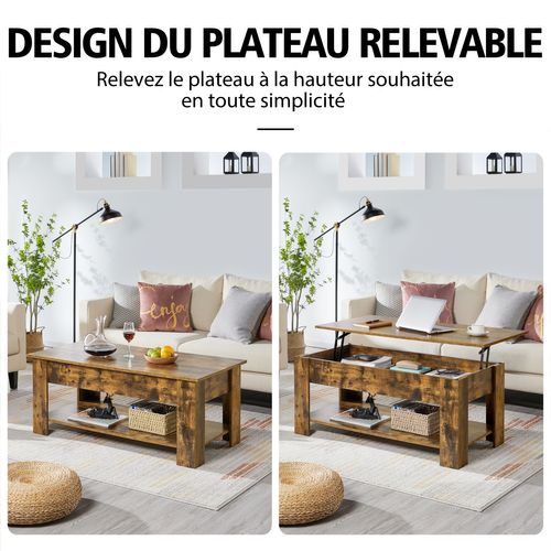 Table Basse à Plateau Relevable Avec Compartiment Caché Et Étagère De Rangement Brun Rustique