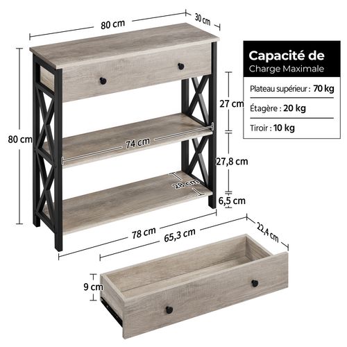 Table Console D'entrée Yaheetech – Gris – 1 Tiroir + 2 étagères – 80x29.5x81 Cm – MDF Et Métal
