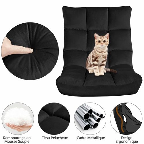 Chaise De Sol Pliable Réglable En 14 Positions Chaise Sans Pieds Bien Rembourré, Noir