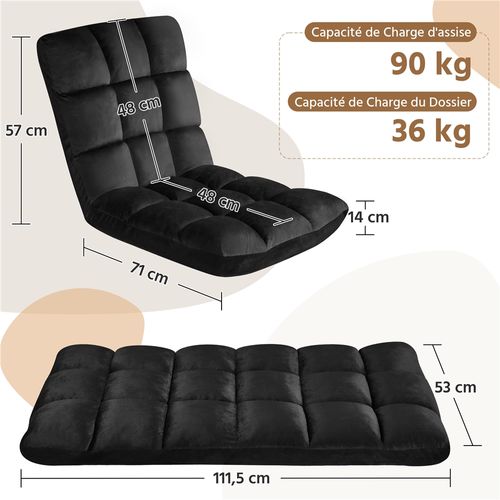 Chaise De Sol Pliable Réglable En 14 Positions Chaise Sans Pieds Bien Rembourré, Noir