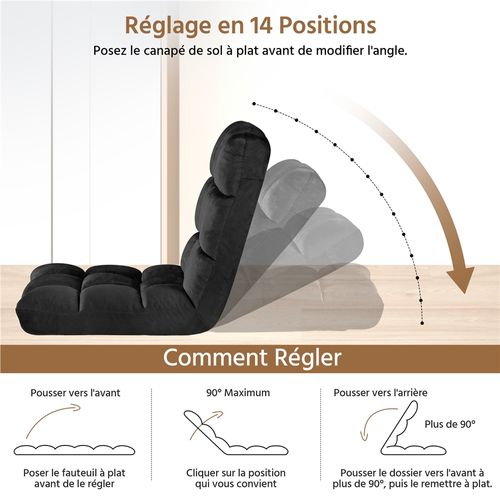 Chaise De Sol Pliable Réglable En 14 Positions Chaise Sans Pieds Bien Rembourré, Noir